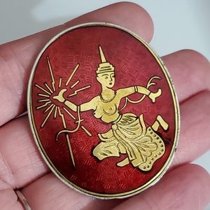 Vintage Siam brass silver enamel brooch Thailand Asian jewelry estate vtg euc